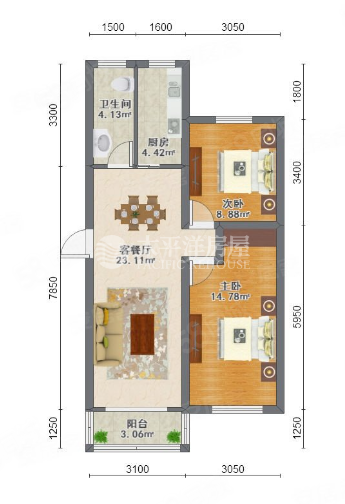 江南名庐2室2厅2卫108.47㎡南北828万