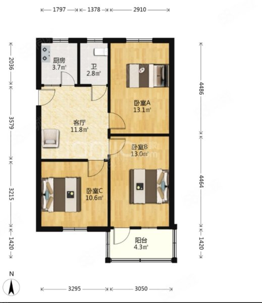 明北社区(3弄)3室1厅1卫72.59㎡南155万