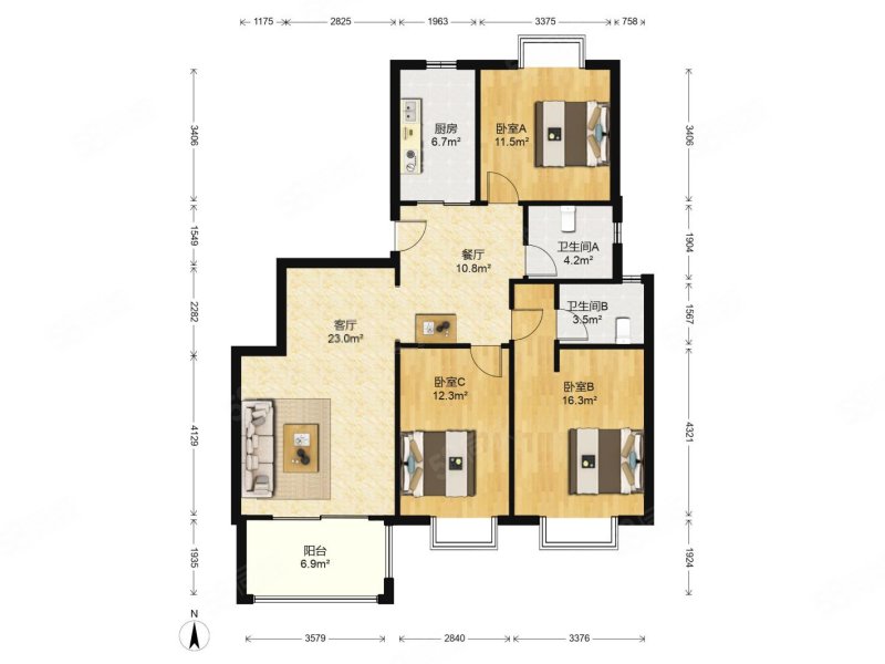 皇册家园三期南第3室2厅2卫118.97㎡南610万