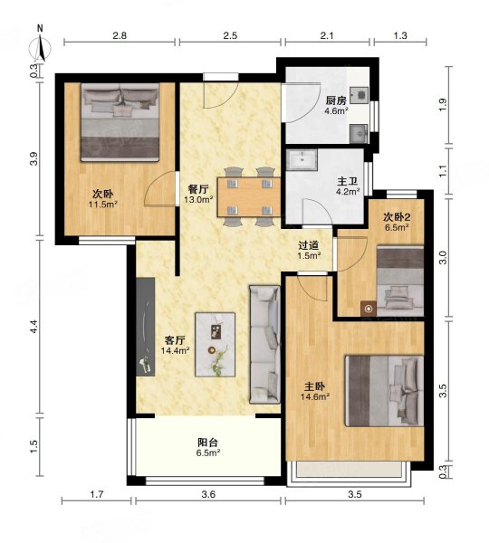 绿地玫瑰城3室2厅1卫91㎡南北135万