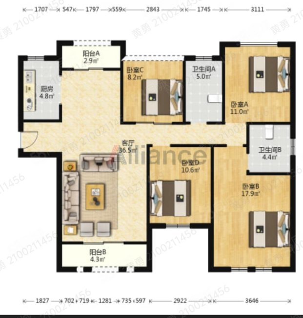 观澜御苑4室2厅2卫130.98㎡东南136万