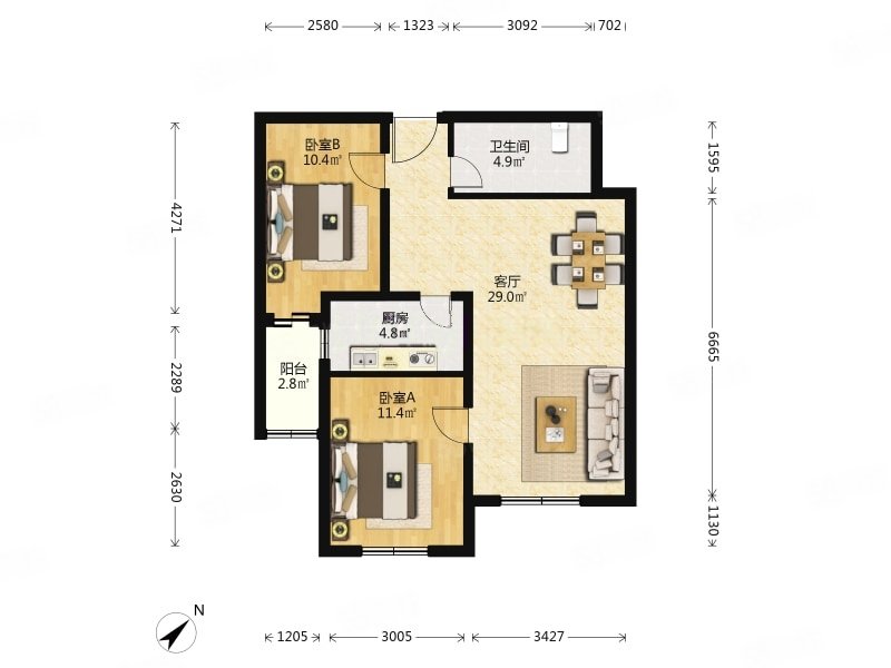 双合小区D区(建工双合家园D区)2室1厅1卫86.34㎡南280万