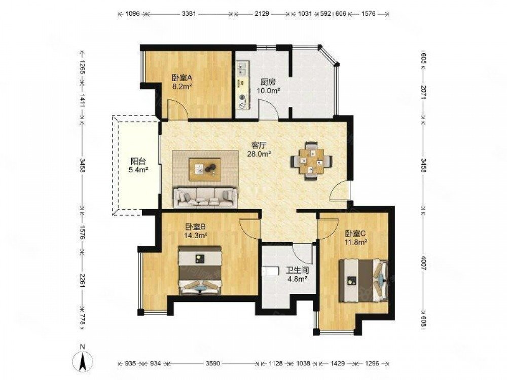 新世界云逸3室2厅1卫94.06㎡南北567万
