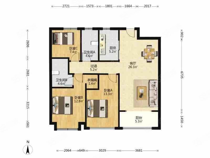 融创观湖3室2厅2卫115㎡南225万