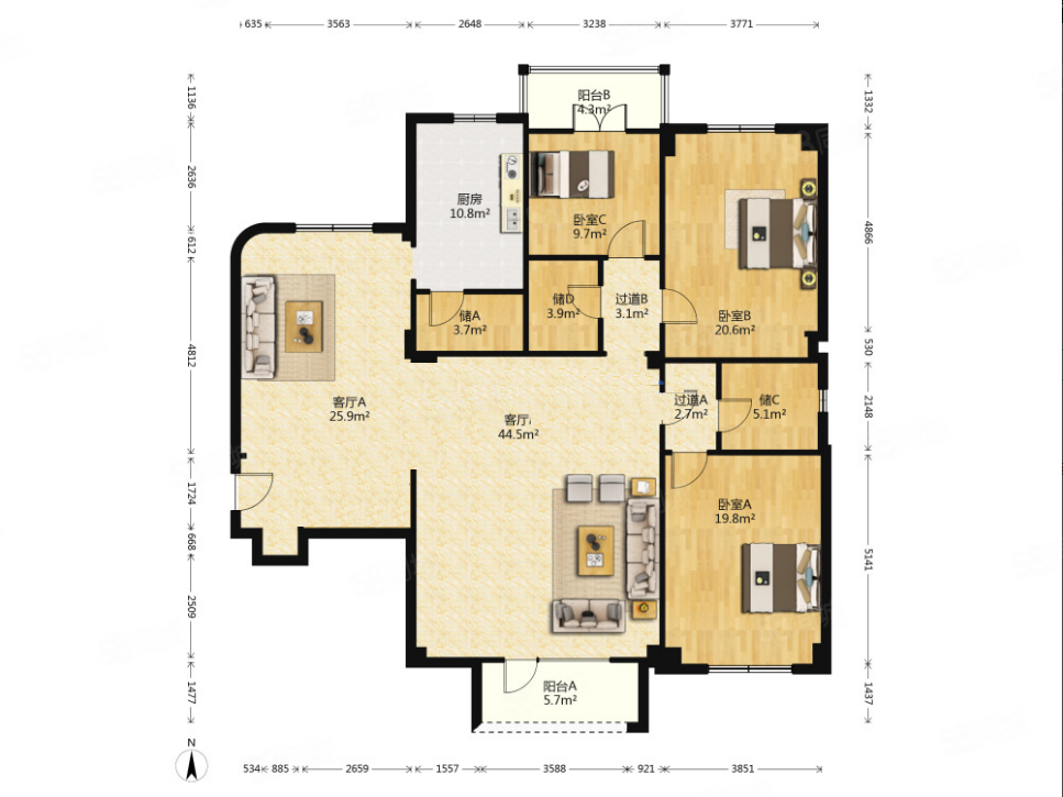 河畔花园3室2厅2卫212㎡南北219万