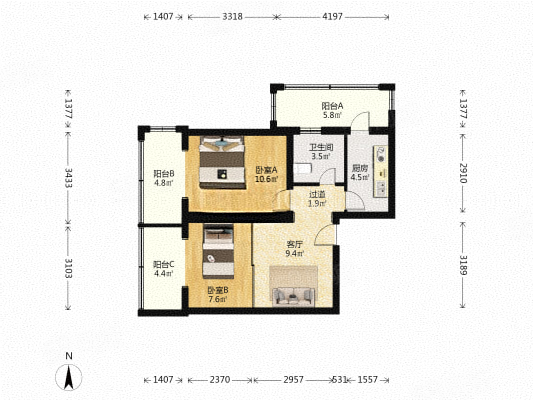 永泰園(北區(qū))2室1廳1衛(wèi)70.91㎡南北350萬
