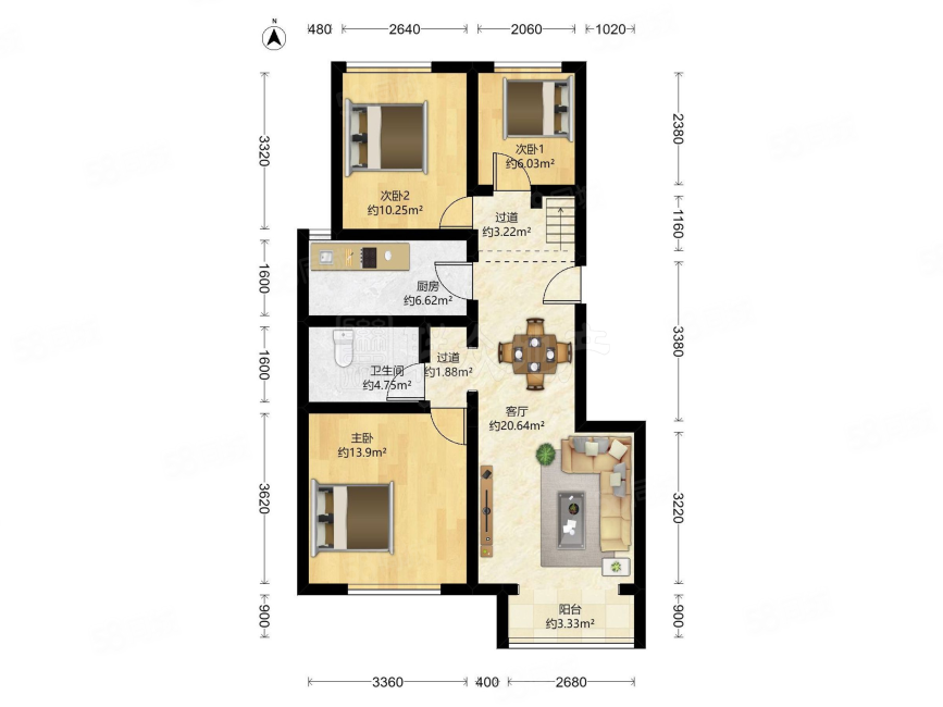首地浣溪谷3室2廳1衛(wèi)93.63㎡南北260萬