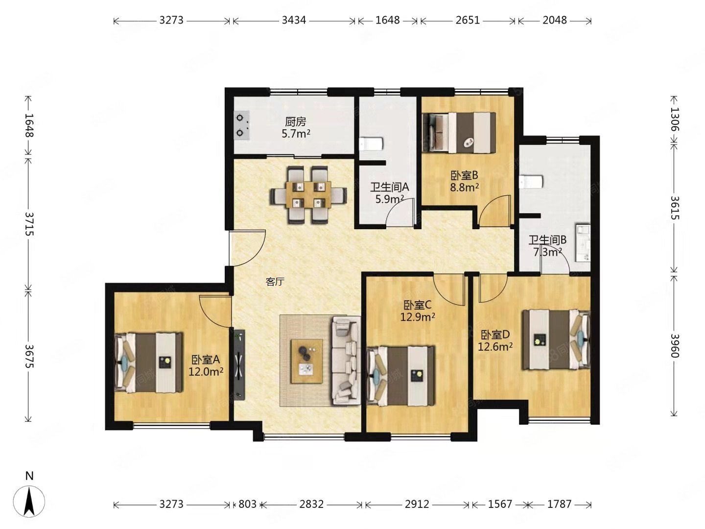 鲲栖府香堡花园4室2厅2卫136.75㎡南北185万