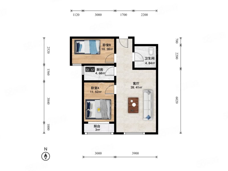 通瑞嘉苑2室1厅1卫74.22㎡南305万