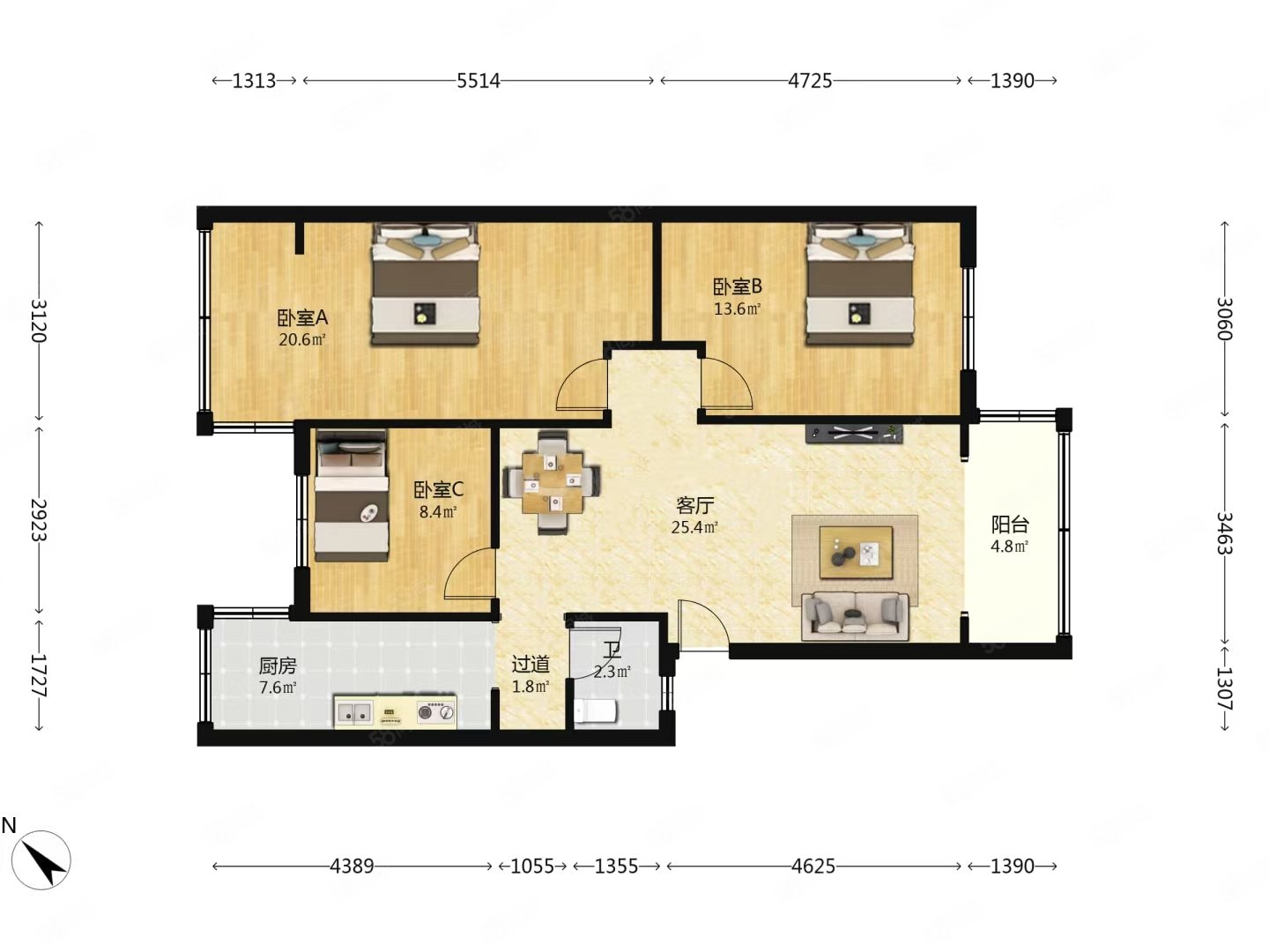 树蓓巷1号院3室2厅1卫96.26㎡南北105万