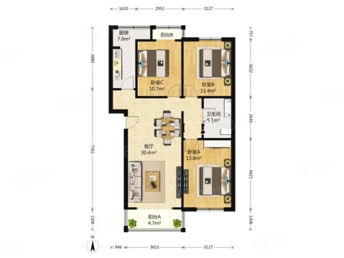 港馨家园(东区)3室1厅1卫126㎡南北342万