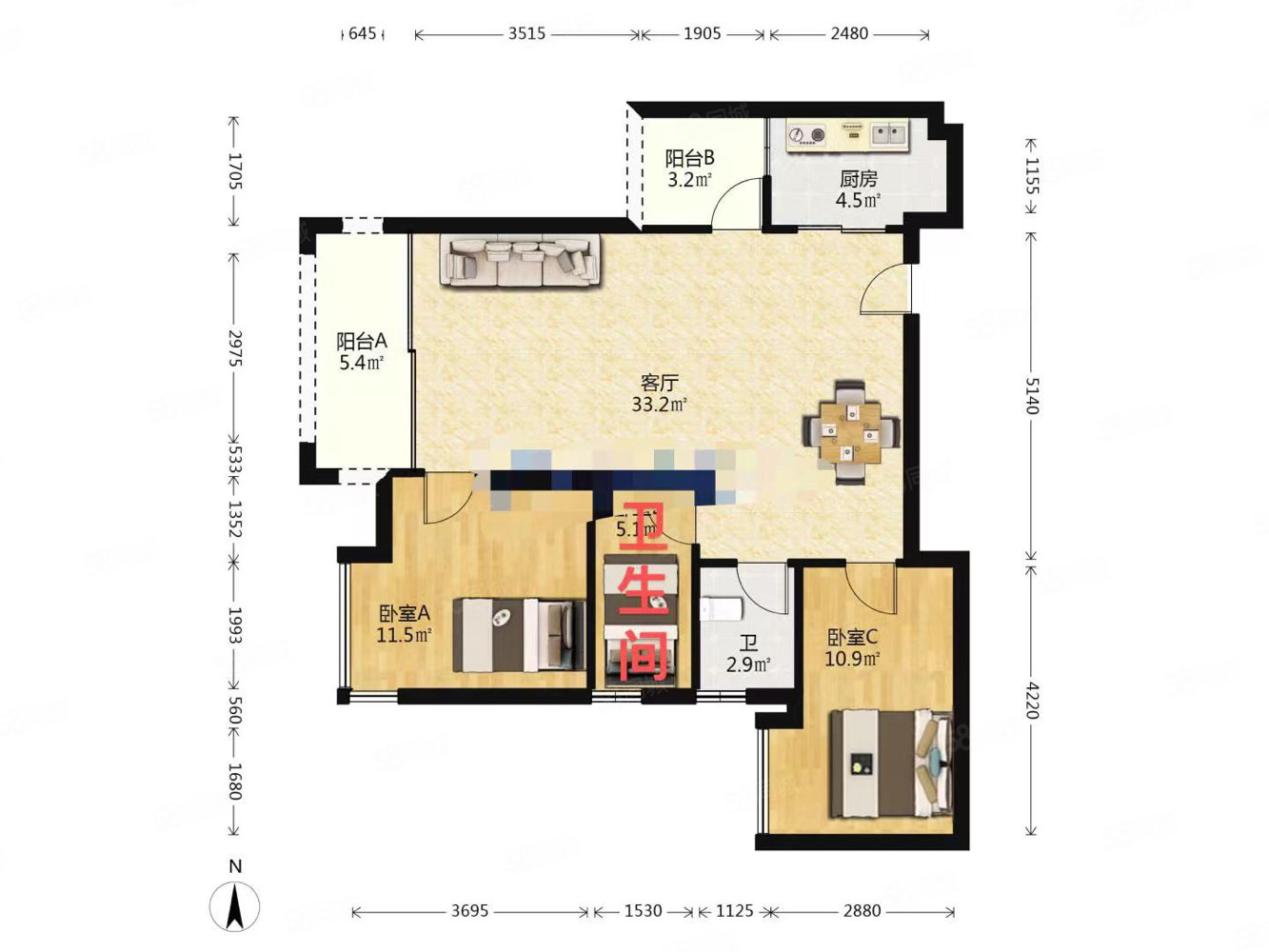 东峻华庭2室2厅2卫95㎡南64万