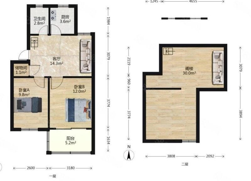 能仁里16号2室1厅1卫60.36㎡南北128万