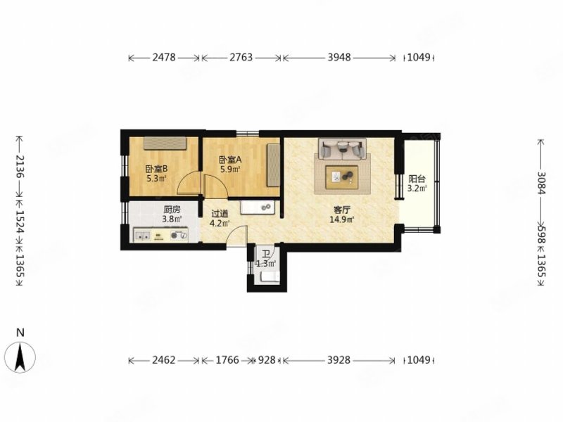 西井一区2室1厅1卫50.53㎡东西199万