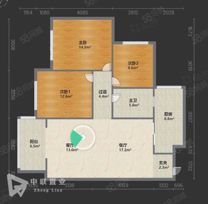 檀木林国宾府3室2厅1卫89㎡南北58万