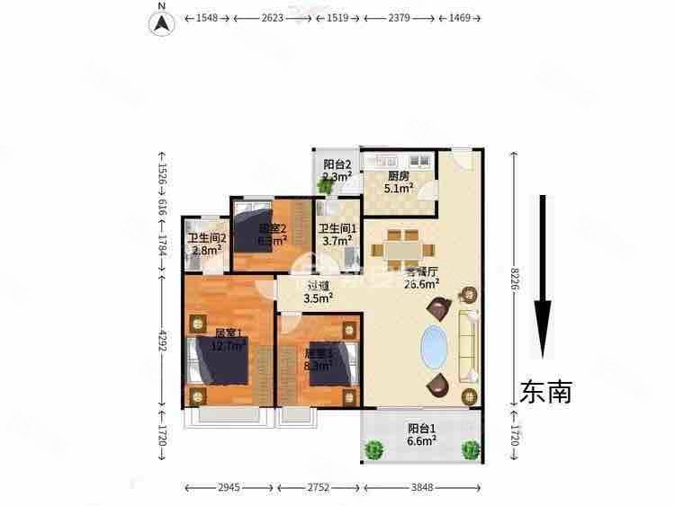 佳境康城(一期)3室2厅2卫107㎡南96万