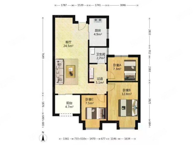 保利上城西区3室2厅1卫95.77㎡南北138万