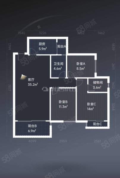 中天会展城A2组团3室2厅2卫116.99㎡西北90.68万