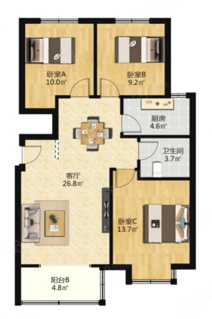 圣合家园二期3室2厅1卫90.95㎡南北144万