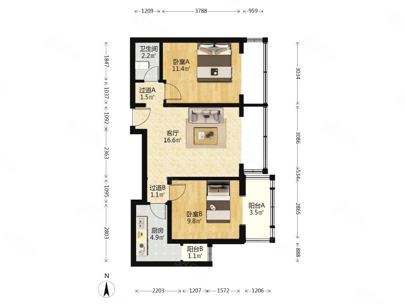 北街家园(六区)2室1厅1卫61.69㎡南北268万