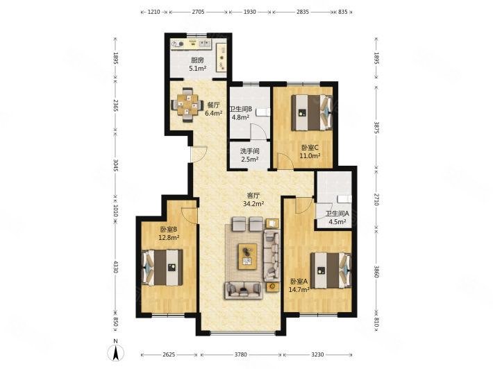 棉兴住宅区3室2厅2卫122㎡南北53万