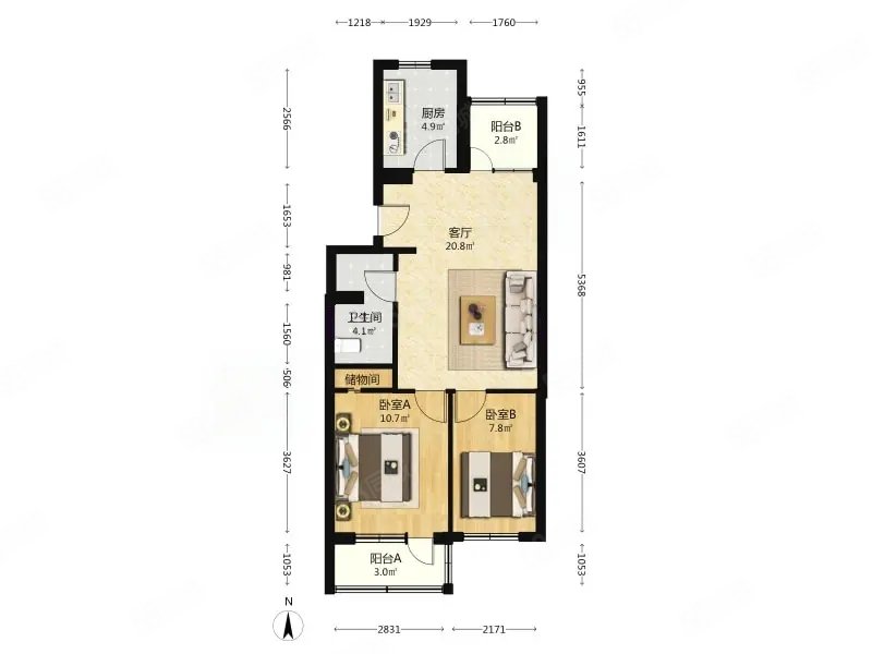 豐西北里甲7號院2室1廳1衛(wèi)71.28㎡南北172萬