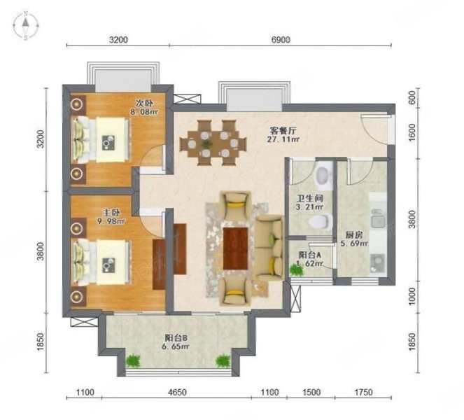 广州富力城2室2厅1卫87.99㎡南200万