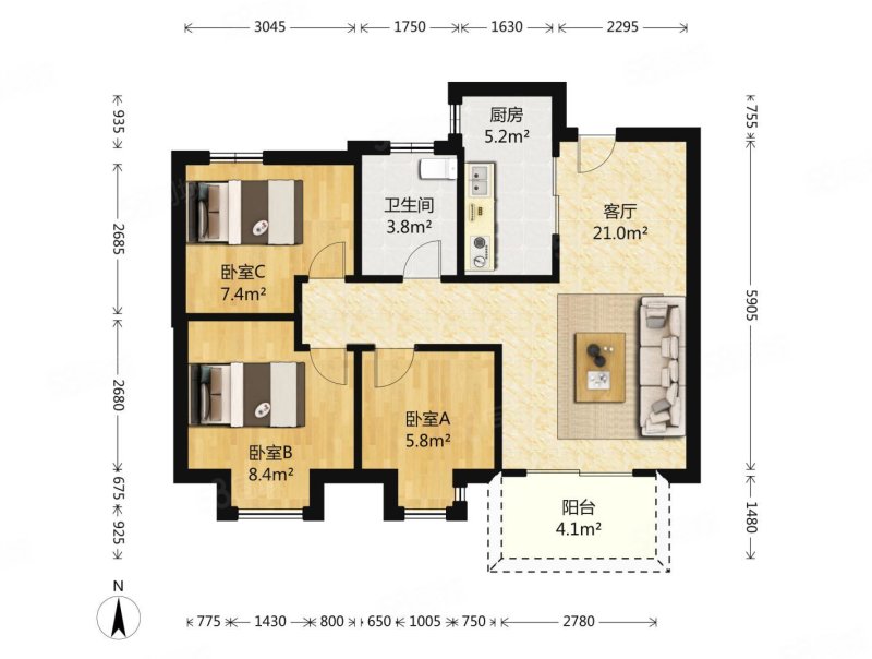 保利堂悦2室1厅1卫84.59㎡南北380万