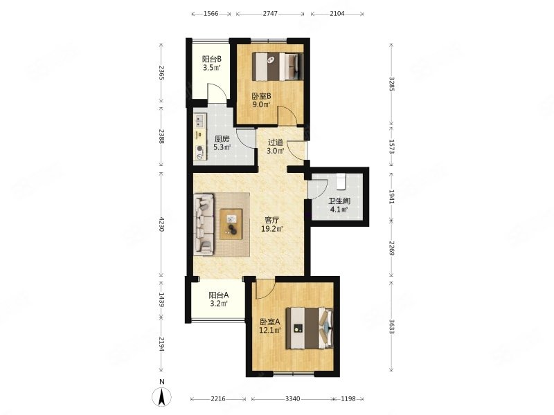 天通东苑一区2室1厅1卫76.36㎡南北305万