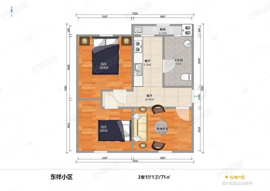 东祥小区3室1厅1卫69.91㎡南北59万