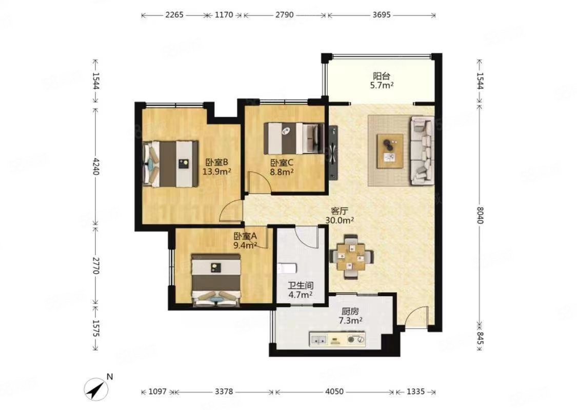 江东华府3室2厅2卫94㎡东南57万
