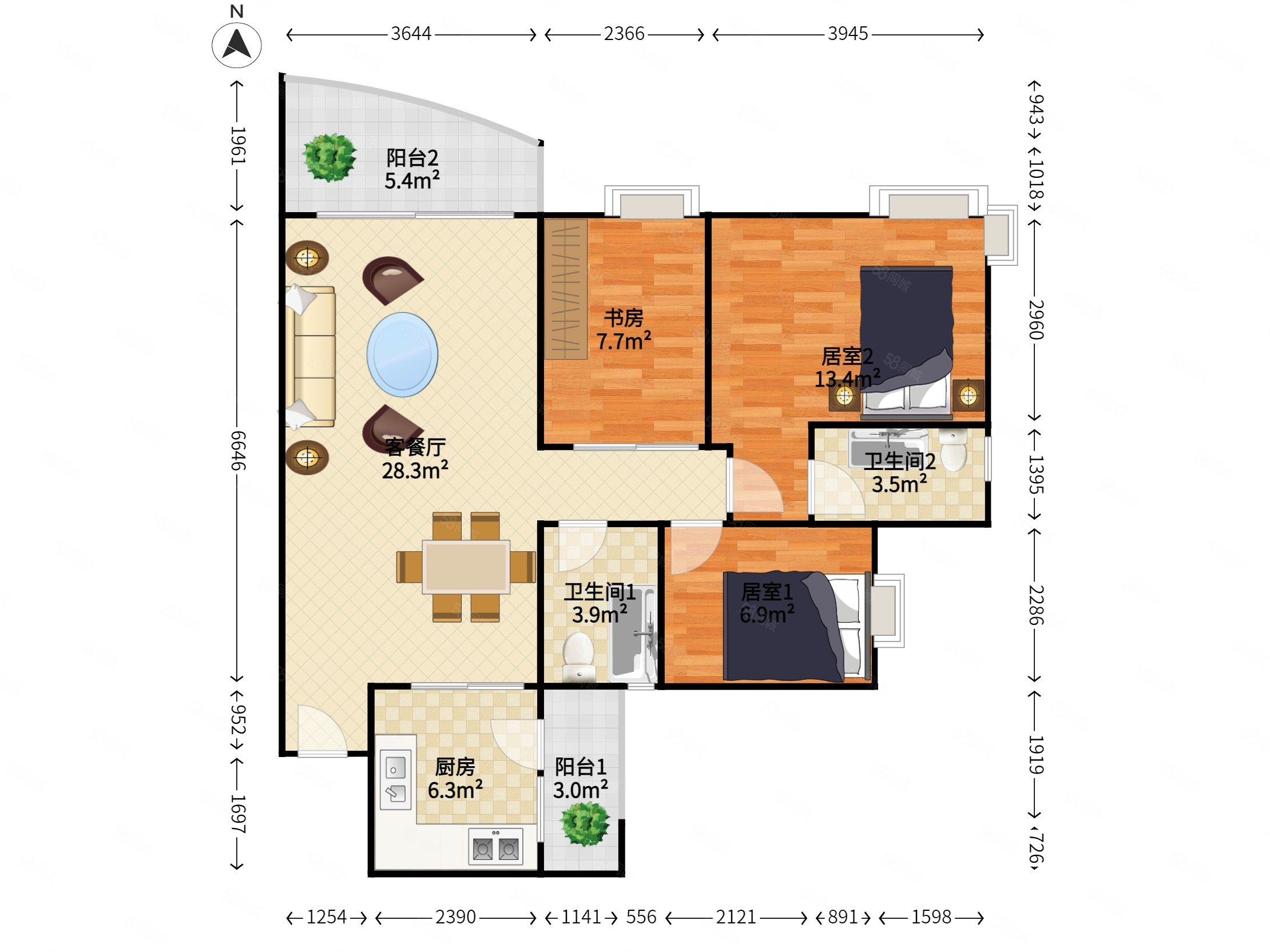 富力现代广场3室2厅2卫102.49㎡北530万