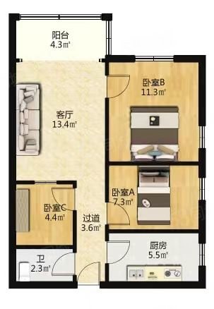 紫金大街小区3室1厅1卫63㎡南北210万