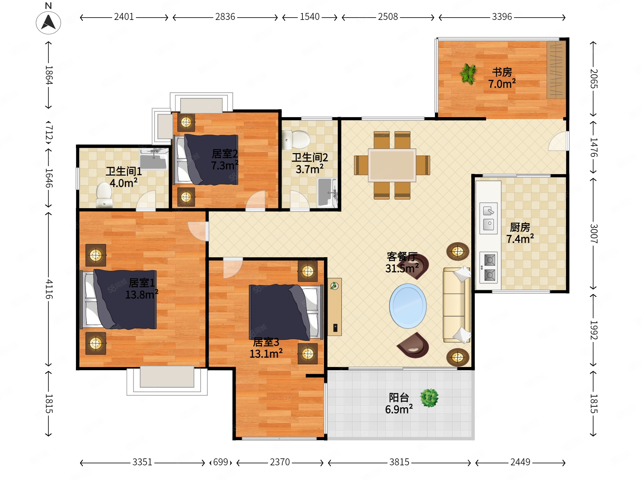 博达汇峰3室2厅2卫101㎡南北125万