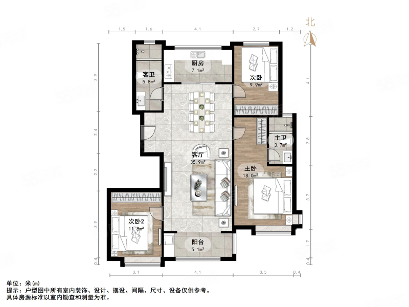 万科龙湖城市之光3室2厅2卫128.08㎡南北184万