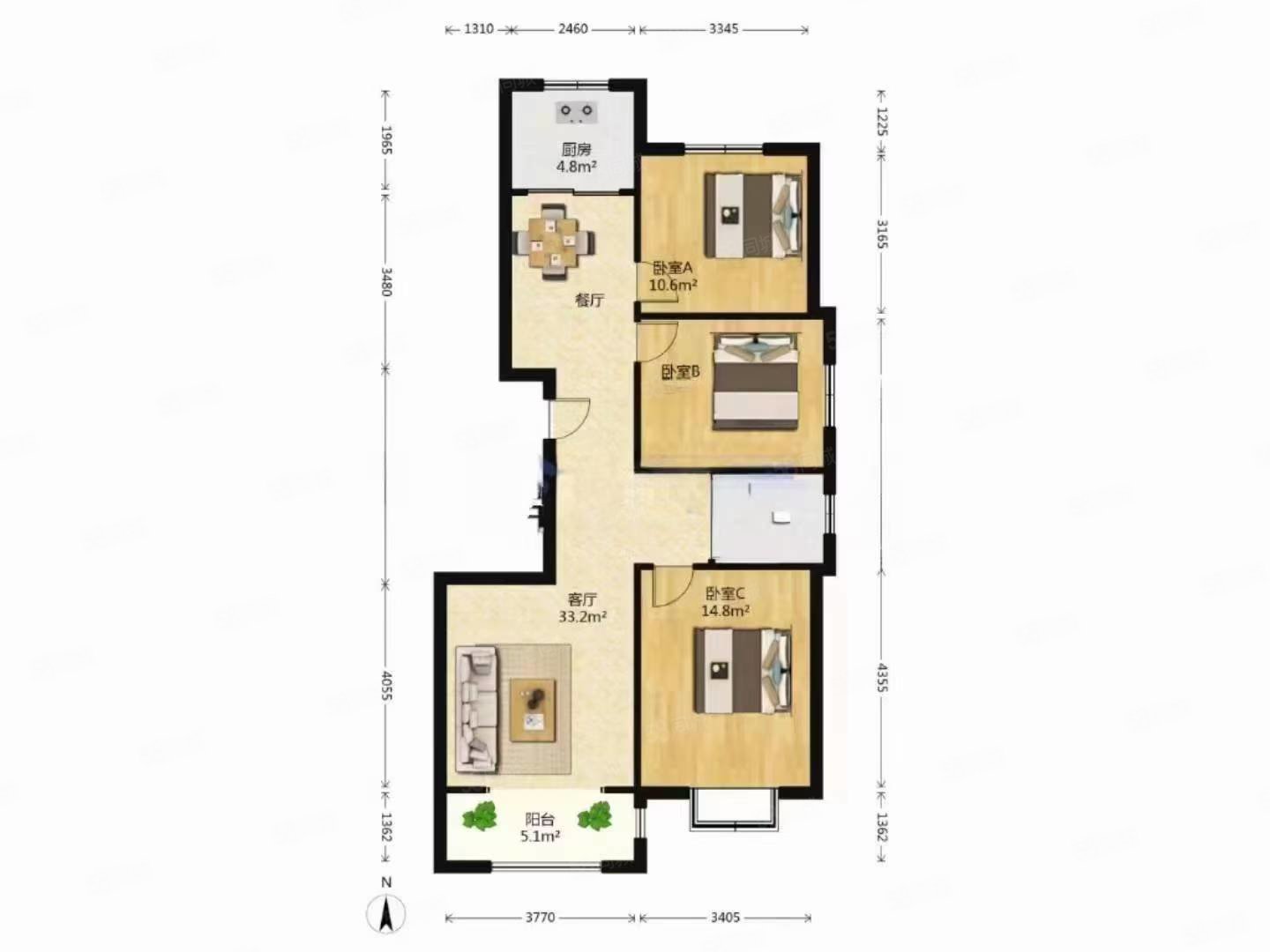 北城名苑3室2厅1卫101㎡南北59万