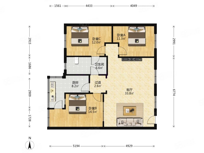 麓景路小区(越秀区)3室1厅1卫103㎡东西340万