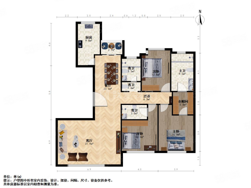 中茵皇冠国际3室2厅3卫203.72㎡南北1490万