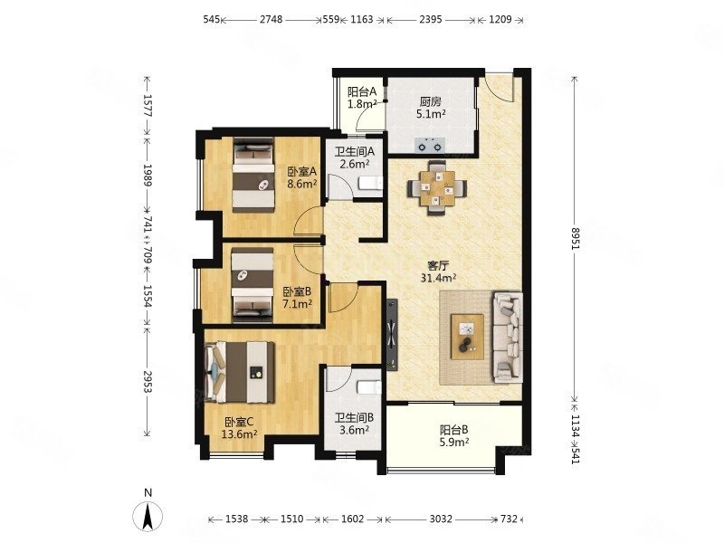 万科东荟城3室2厅2卫98.32㎡南295万