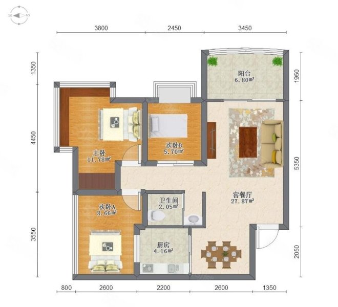 翠拥华庭3室2厅1卫88.25㎡南490万