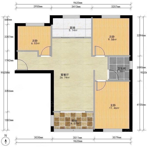 中航樾公馆3室2厅1卫93.62㎡南北200万