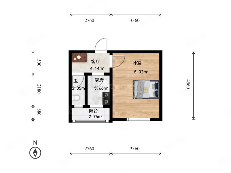 西木樨园1室1厅1卫36.4㎡南170万