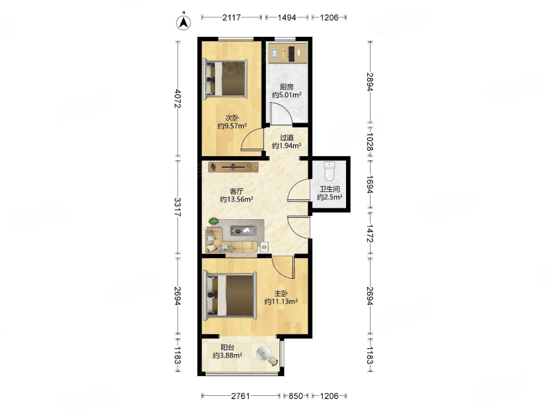 富强西里2室1厅1卫55.52㎡南北188万