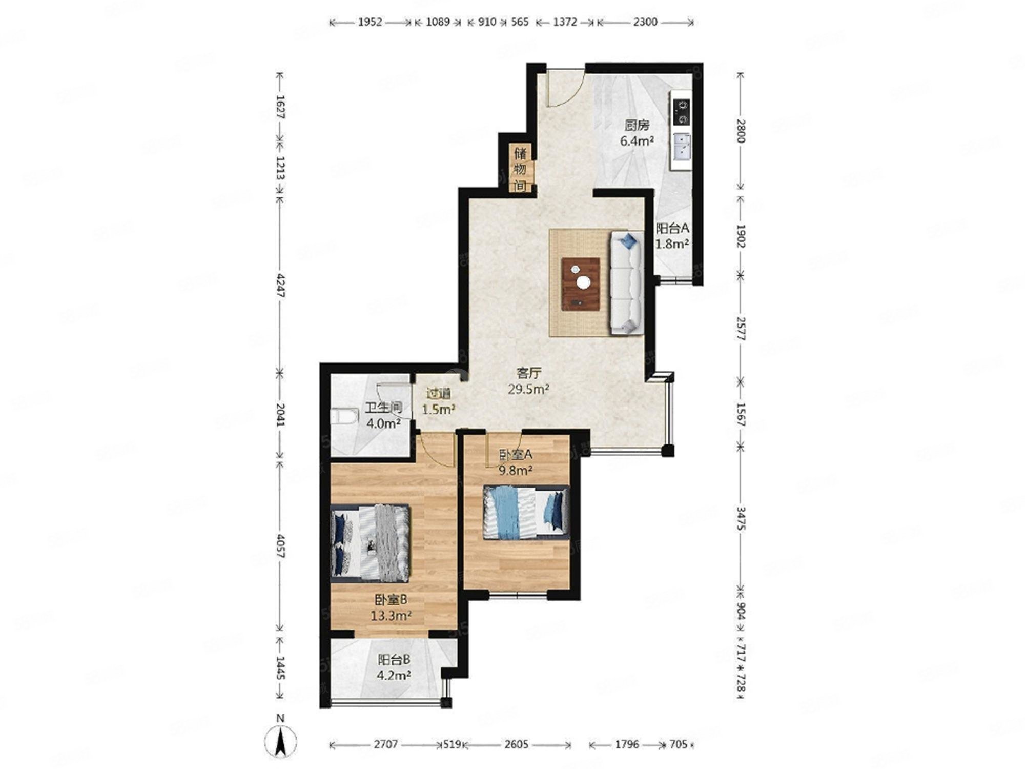 方舟苑2室1廳1衛(wèi)94.67㎡南499萬