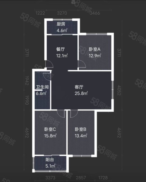 丰盛园小区3室2厅1卫118㎡南北125万