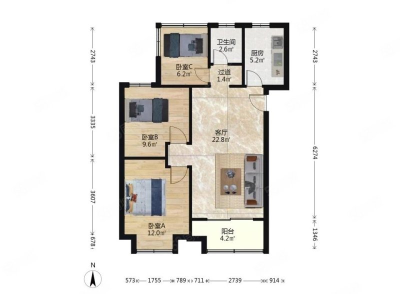 保利堂悦3室2厅1卫88.8㎡南342万