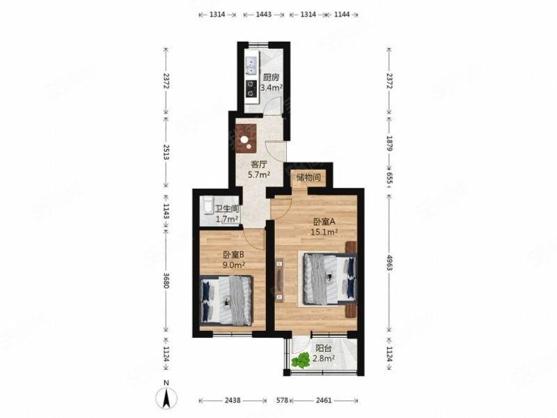 八角北路社区2室1厅1卫50.39㎡南北209万