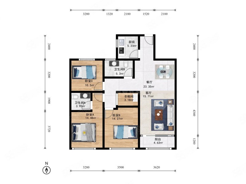 顺发恒园(公寓住宅)3室2厅2卫87.38㎡南北315万