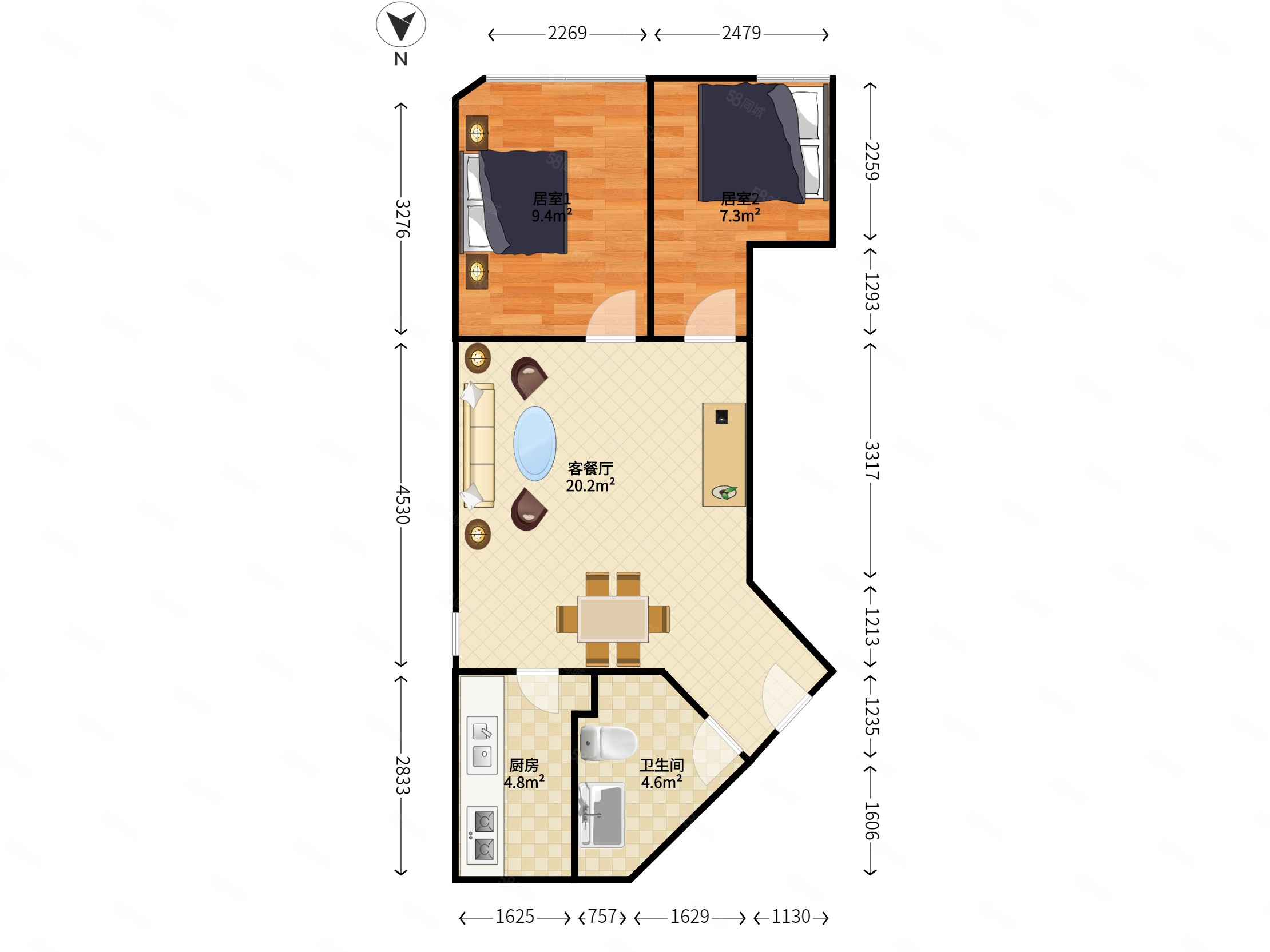 皇都广场2室2厅1卫66.32㎡南北0万