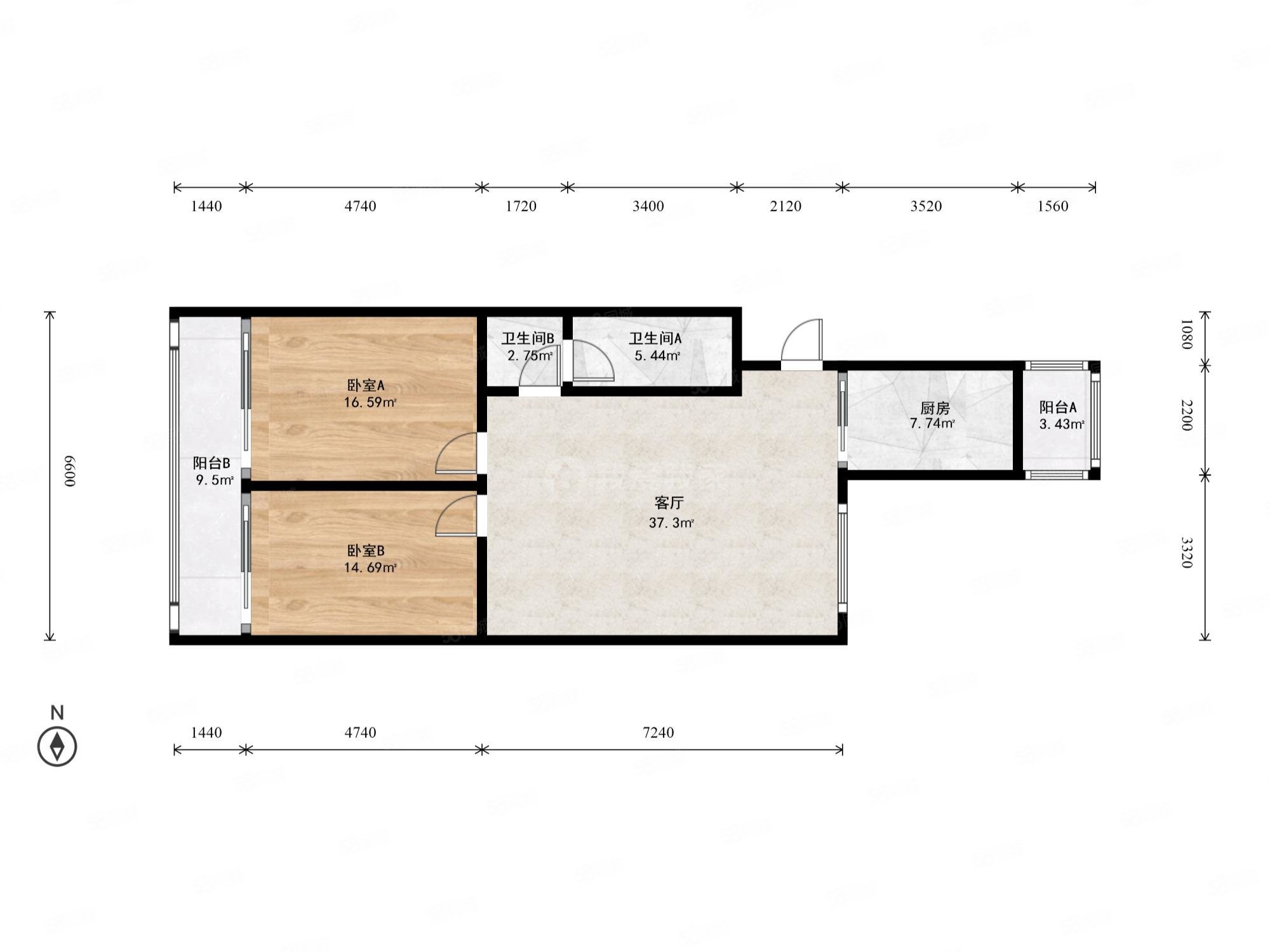 祺興緣家園2室1廳1衛(wèi)80.41㎡南北72萬